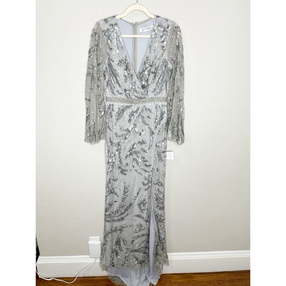 Mac Duggal 5222 Sequined Faux Wrap Split Long Sleeve Gown Platinum 6 $598 NEW - Picture 3 of 16